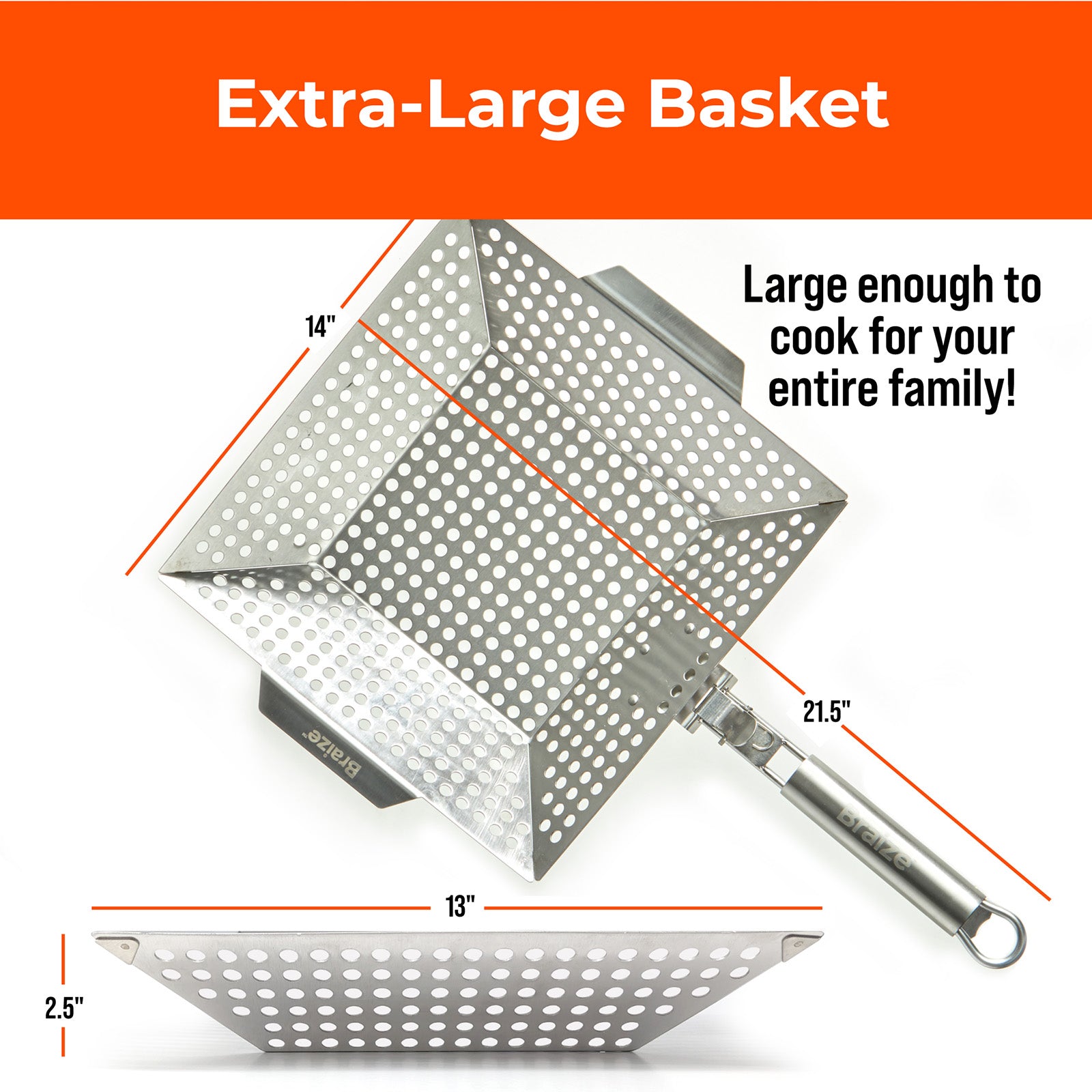 Braize Heavy Duty Grill Basket, Thick Stainless Steel BBQ Grilling Basket with Removable Handle, for Vegetables, Fish, Shrimp & Meat on Outdoor Grills