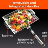 Braize Heavy Duty Grill Basket, Thick Stainless Steel BBQ Grilling Basket with Removable Handle, for Vegetables, Fish, Shrimp & Meat on Outdoor Grills