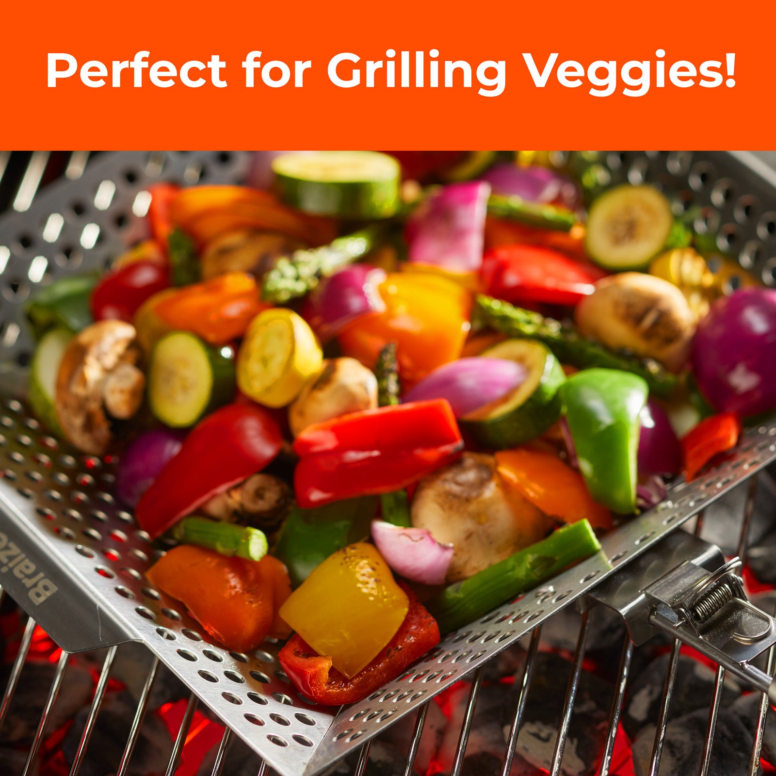 Braize Heavy Duty Grill Basket, Thick Stainless Steel BBQ Grilling Basket with Removable Handle, for Vegetables, Fish, Shrimp & Meat on Outdoor Grills