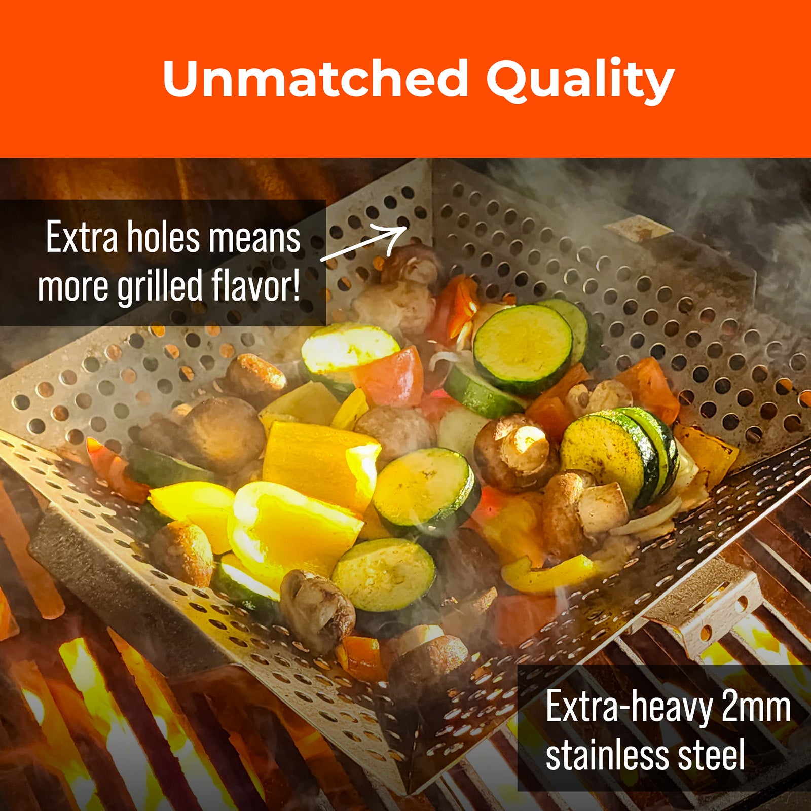 Braize Heavy Duty Grill Basket, Thick Stainless Steel BBQ Grilling Basket with Removable Handle, for Vegetables, Fish, Shrimp & Meat on Outdoor Grills