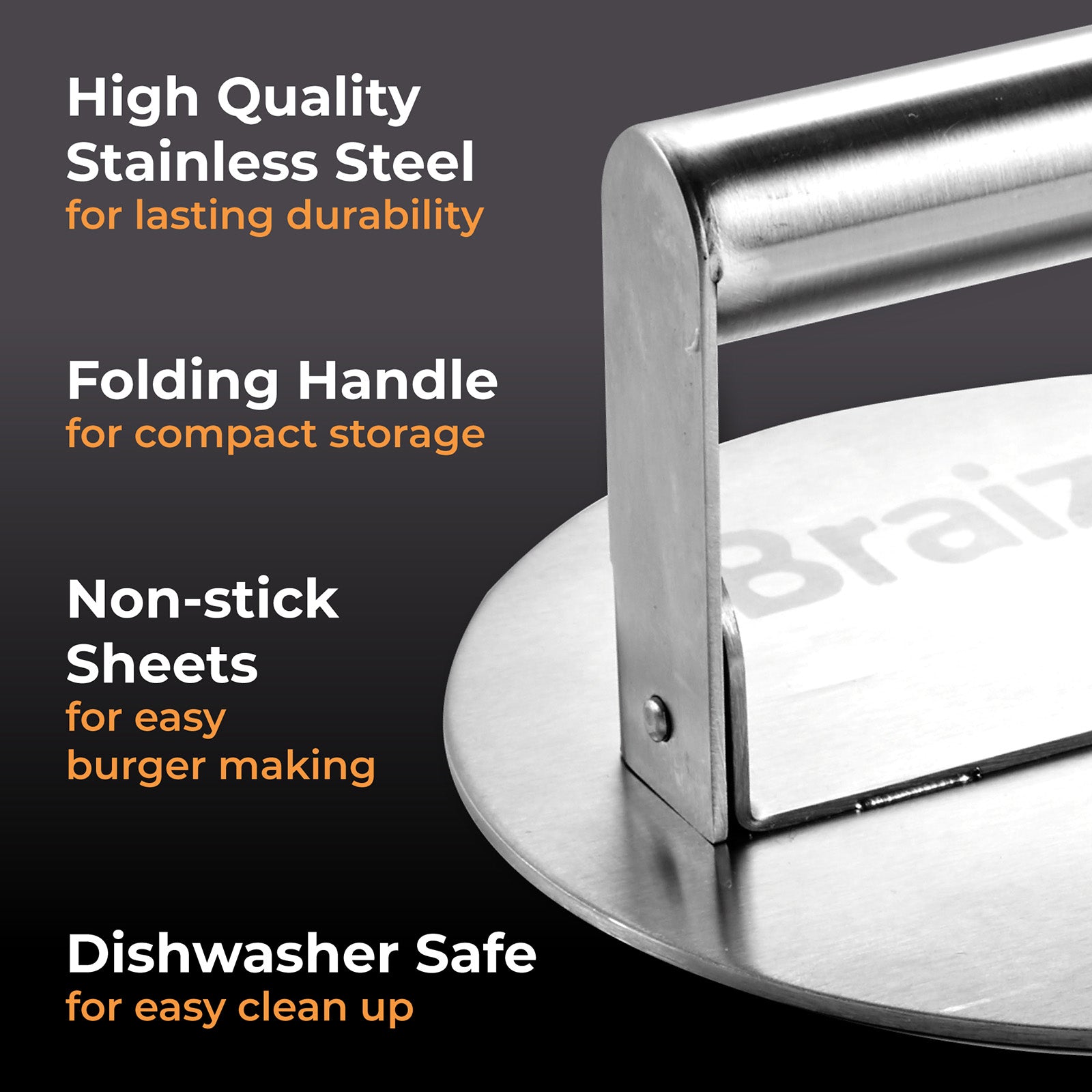 Braize Burger Press with Folding Handle, Heavy-Duty Stainless Steel Smash Burger Press for Griddles & Cast Iron