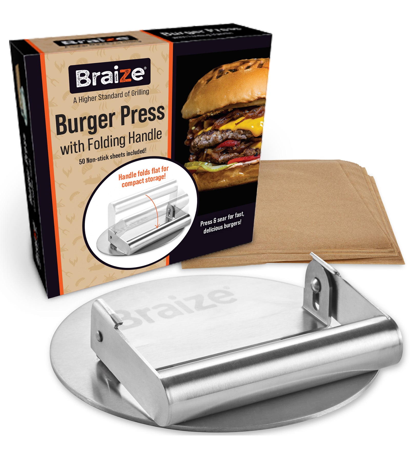 Braize Burger Press with Folding Handle, Heavy-Duty Stainless Steel Smash Burger Press for Griddles & Cast Iron