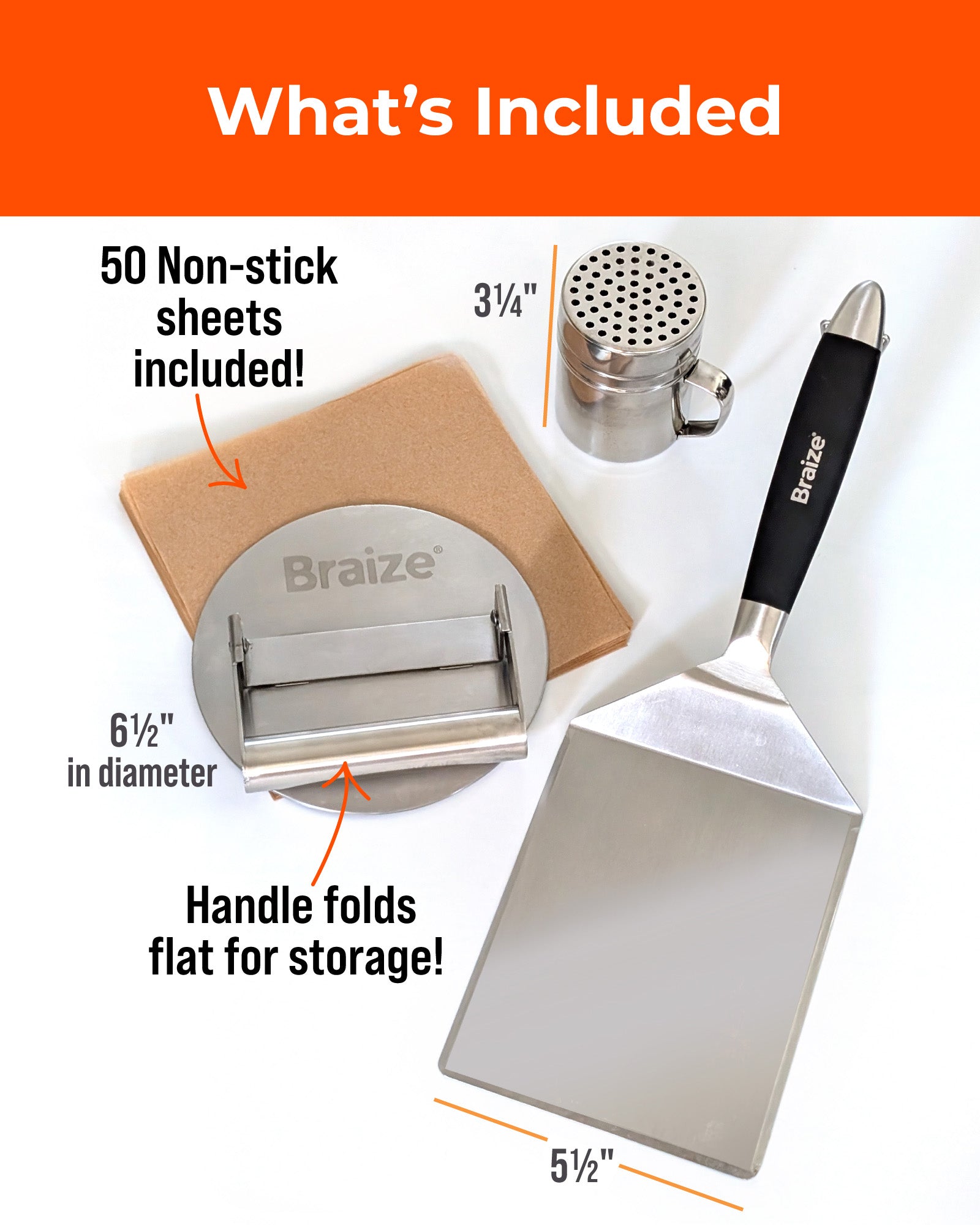 Braize Smash Burger Press Kit with Seasoning Shaker, Stainless Steel Burger Press, Wide Spatula