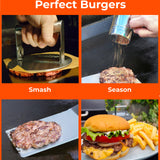 Braize Smash Burger Press Kit with Seasoning Shaker, Stainless Steel Burger Press, Wide Spatula
