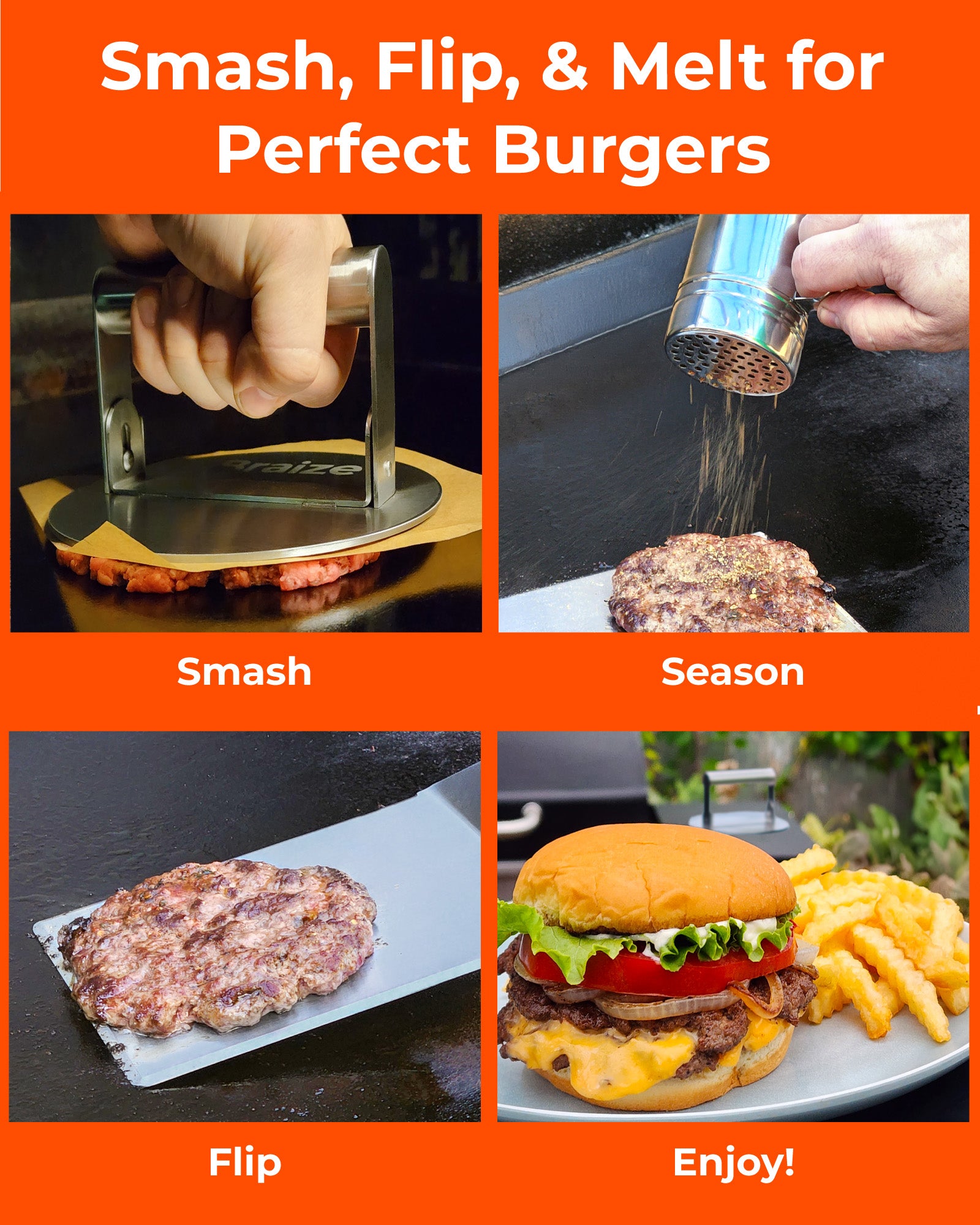 Braize Smash Burger Press Kit with Seasoning Shaker, Stainless Steel Burger Press, Wide Spatula