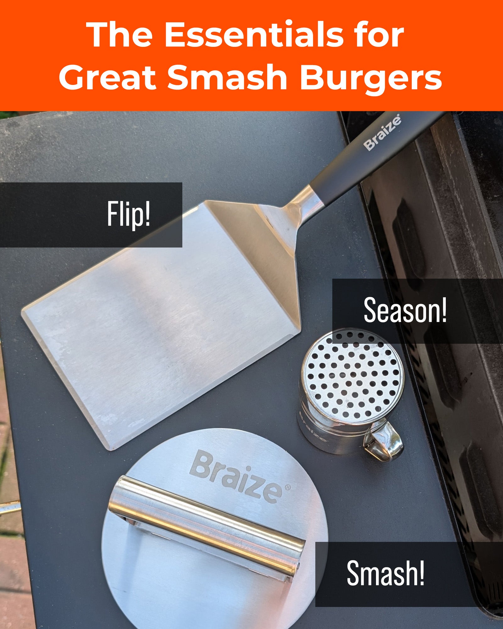 Braize Smash Burger Press Kit with Seasoning Shaker, Stainless Steel Burger Press, Wide Spatula