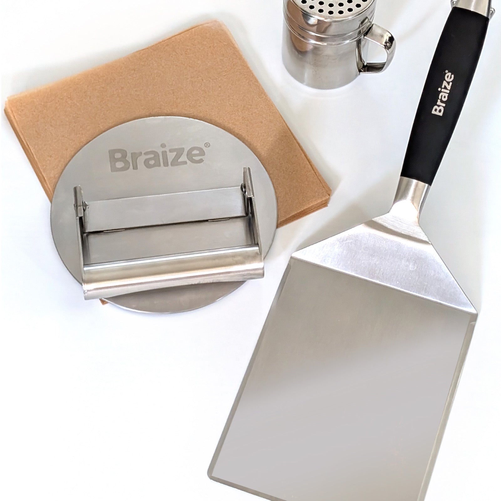 Braize Smash Burger Press Kit with Seasoning Shaker, Stainless Steel Burger Press, Wide Spatula