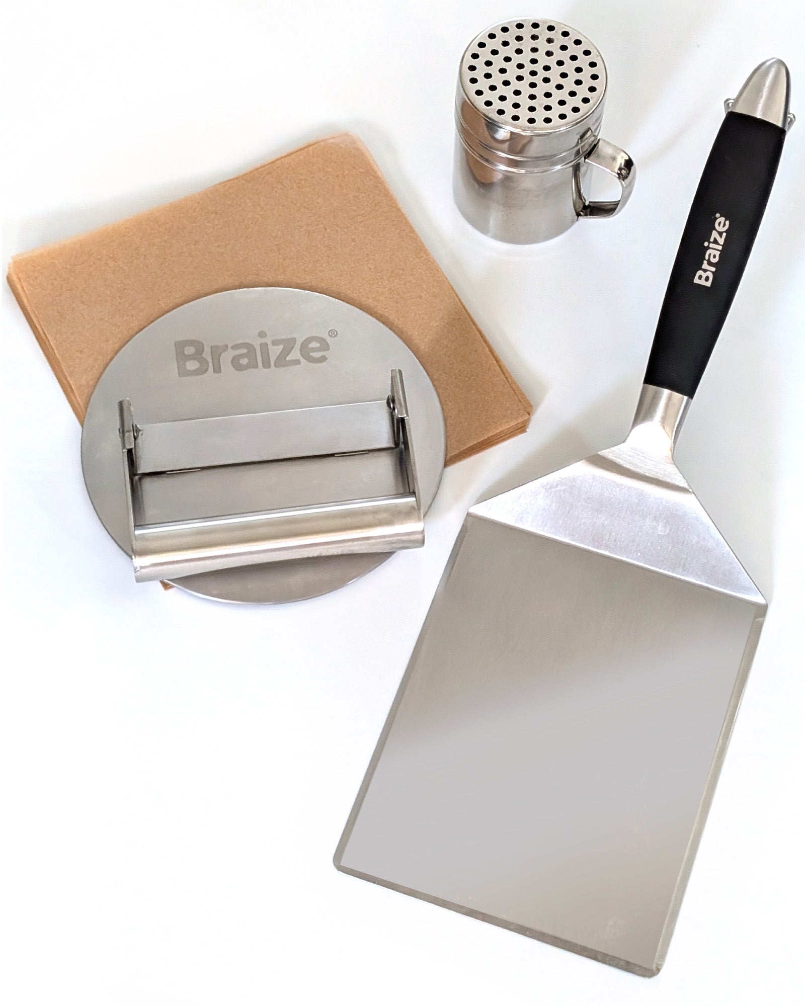 Braize Smash Burger Press Kit with Seasoning Shaker, Stainless Steel Burger Press, Wide Spatula