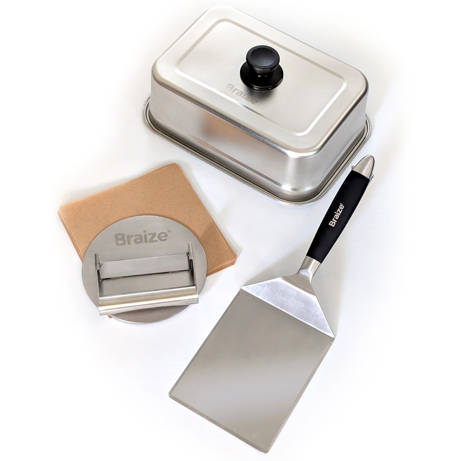 Braize Smash Burger Press Kit with Melting Dome, Stainless Steel Burger Press, Wide Spatula, Melting/Basting