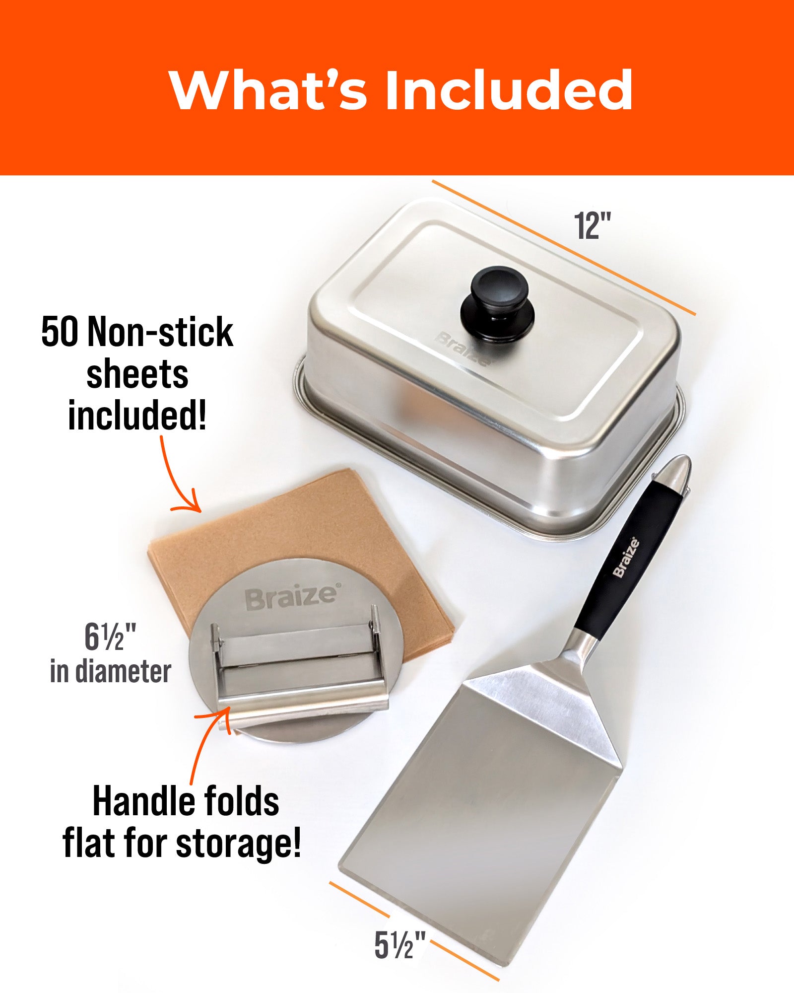 Braize Smash Burger Press Kit with Melting Dome, Stainless Steel Burger Press, Wide Spatula, Melting/Basting