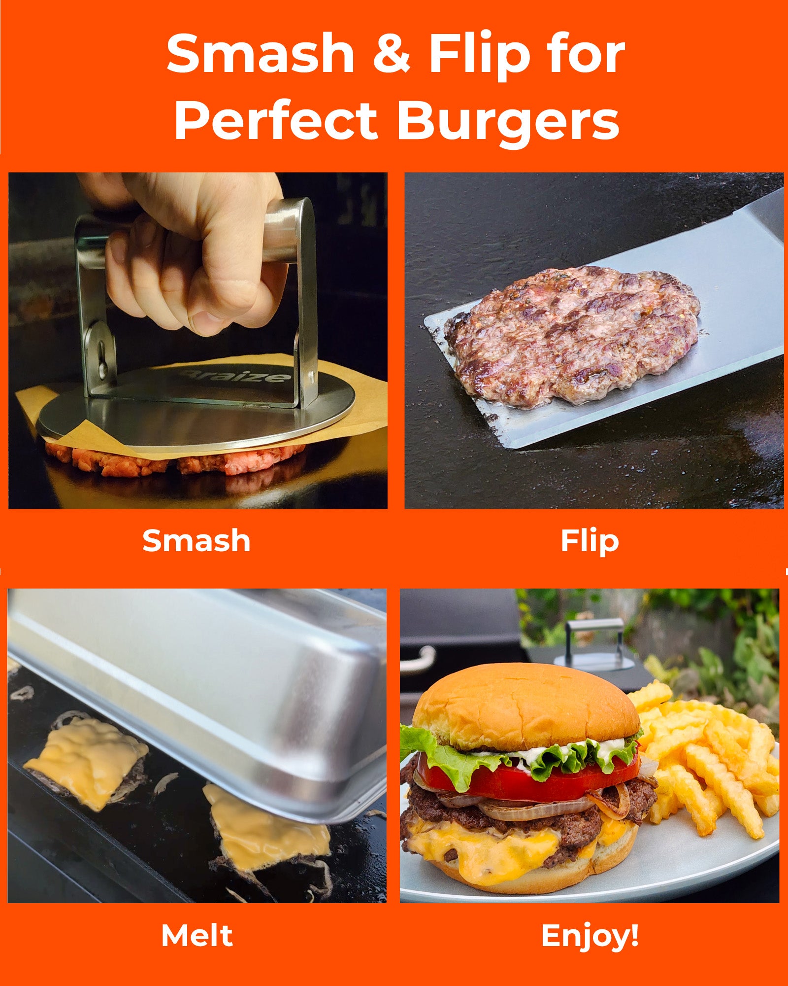 Braize Smash Burger Press Kit with Melting Dome, Stainless Steel Burger Press, Wide Spatula, Melting/Basting