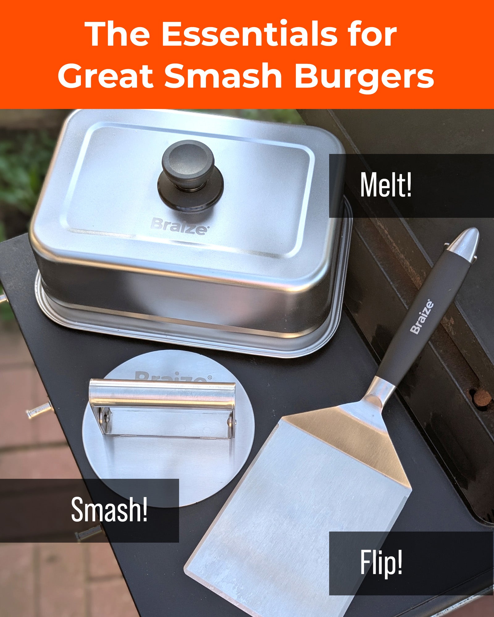 Braize Smash Burger Press Kit with Melting Dome, Stainless Steel Burger Press, Wide Spatula, Melting/Basting