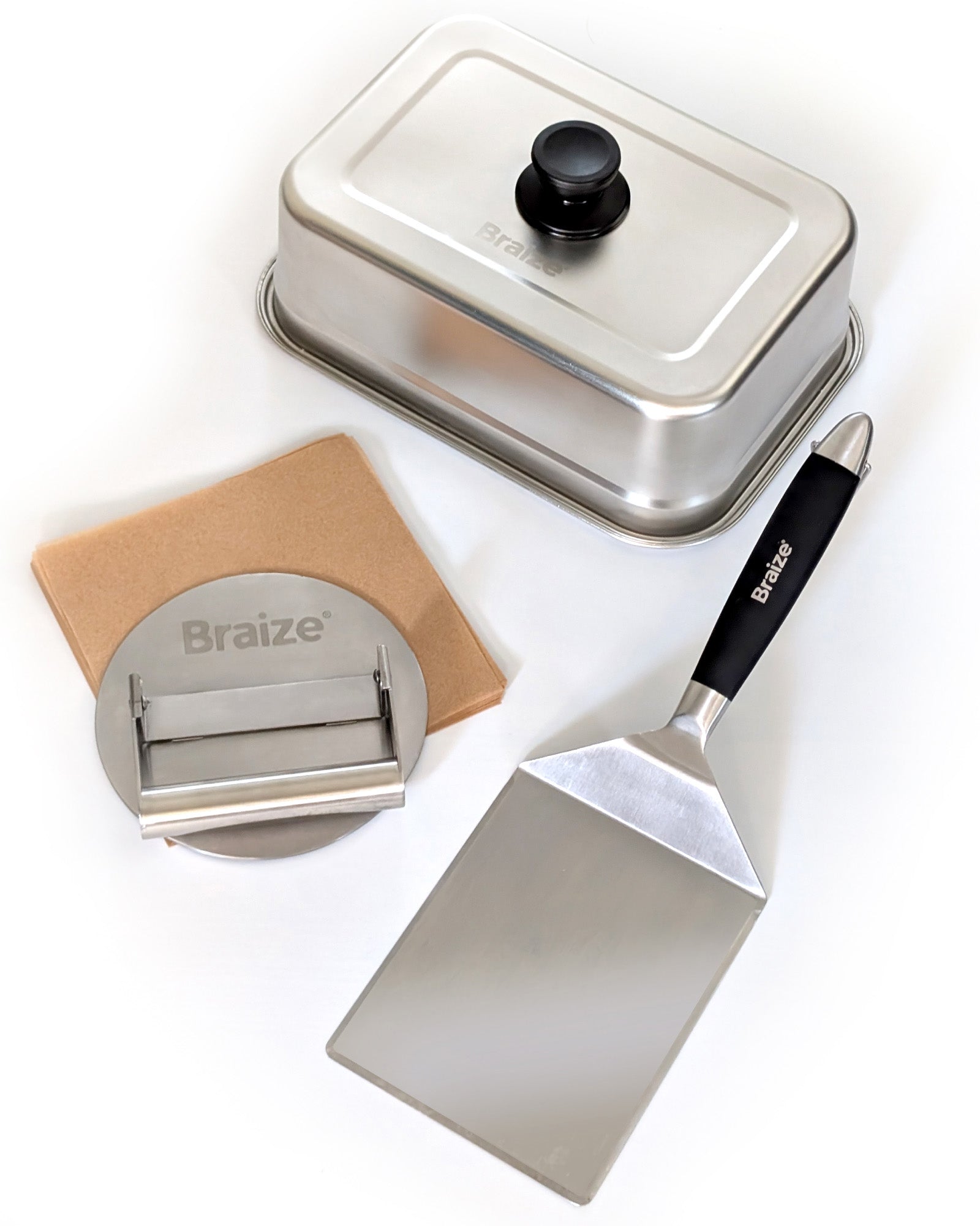 Braize Smash Burger Press Kit with Melting Dome, Stainless Steel Burger Press, Wide Spatula, Melting/Basting