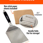 Braize Smash Burger Press Set, Stainless Steel Burger Press with Folding Handle, Wide Spatula & 50 Wax Paper Sheets