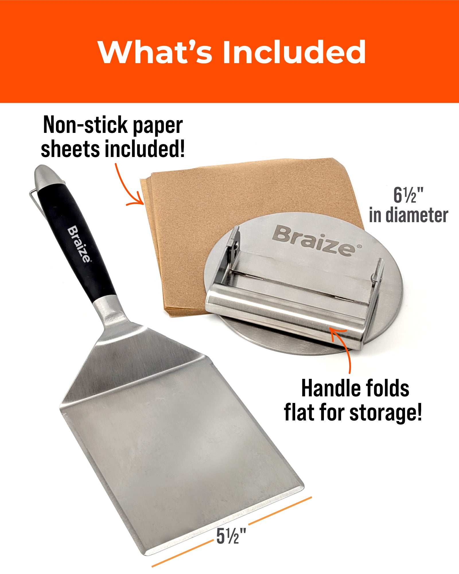 Braize Smash Burger Press Set, Stainless Steel Burger Press with Folding Handle, Wide Spatula & 50 Wax Paper Sheets