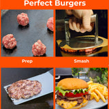 Braize Smash Burger Press Set, Stainless Steel Burger Press with Folding Handle, Wide Spatula & 50 Wax Paper Sheets