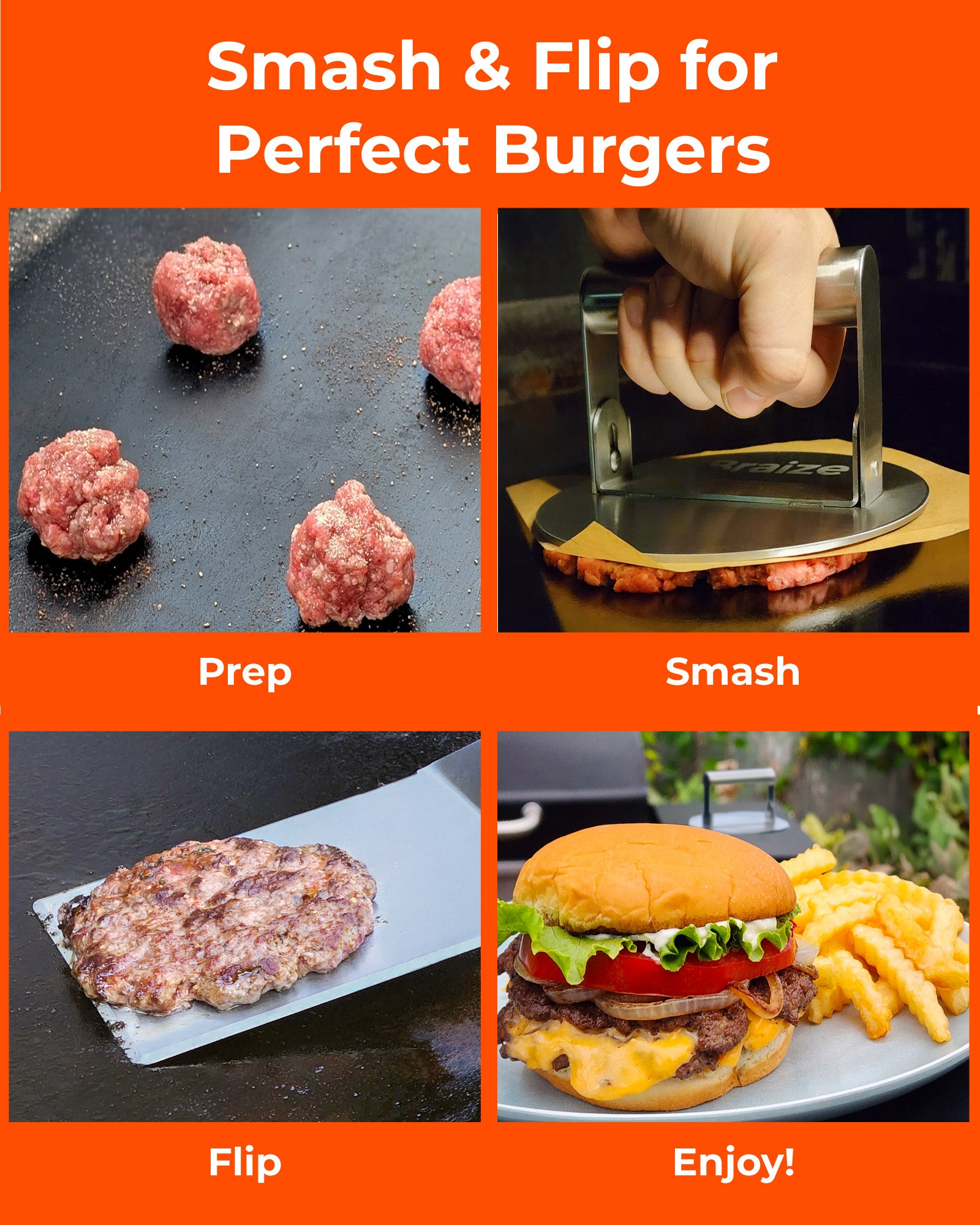 Braize Smash Burger Press Set, Stainless Steel Burger Press with Folding Handle, Wide Spatula & 50 Wax Paper Sheets