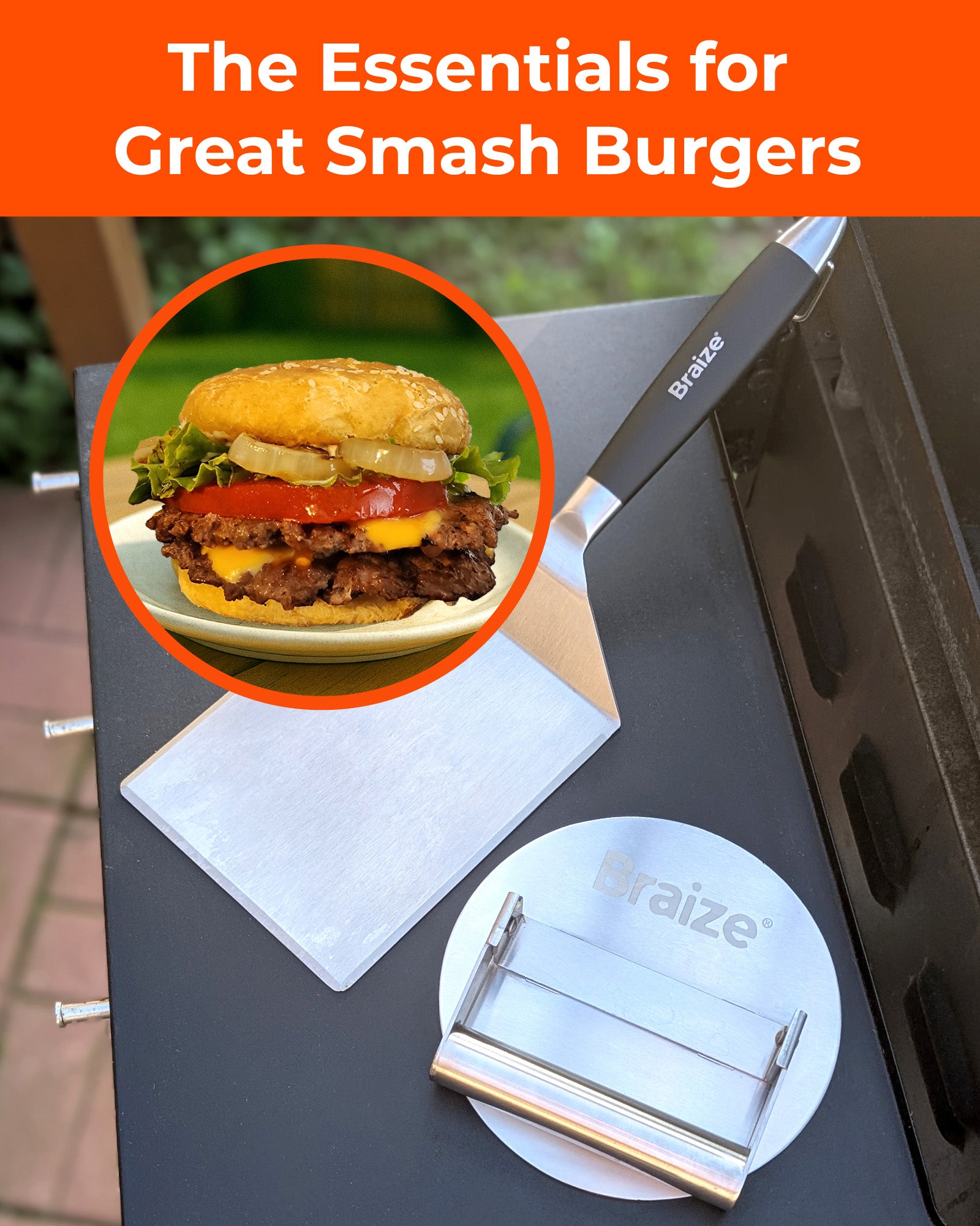 Braize Smash Burger Press Set, Stainless Steel Burger Press with Folding Handle, Wide Spatula & 50 Wax Paper Sheets