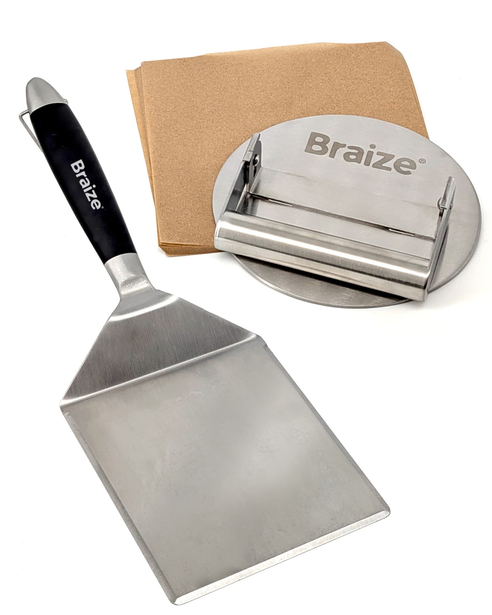 Braize Smash Burger Press Set, Stainless Steel Burger Press with Folding Handle, Wide Spatula & 50 Wax Paper Sheets