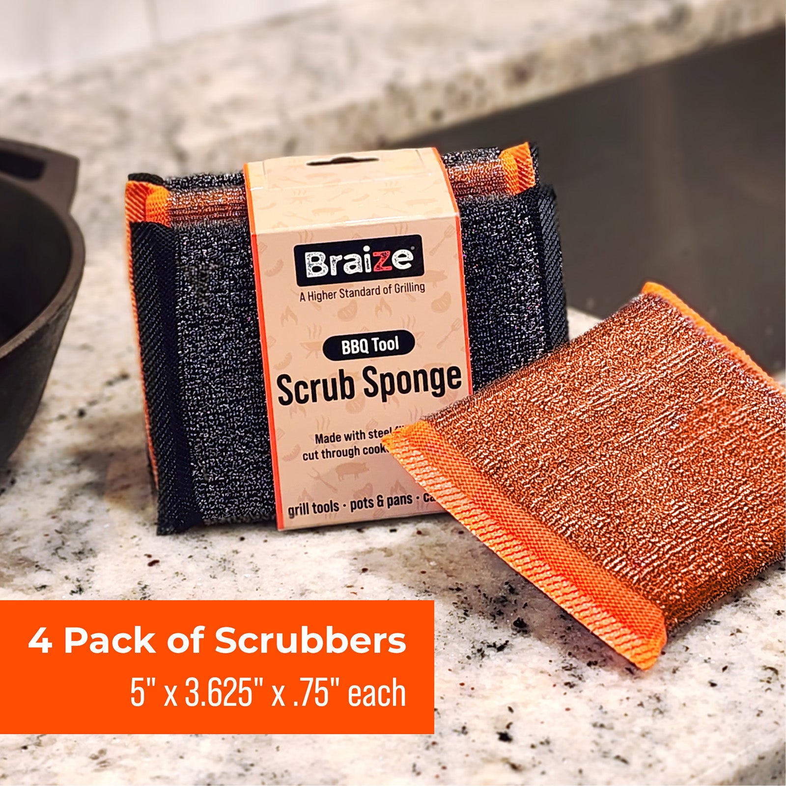 Braize Steel Scrubbing Sponges, 4 Pack, Woven Steel-Fiber Scrubbers for Grills, Cast Iron, Cookware & Stovetops