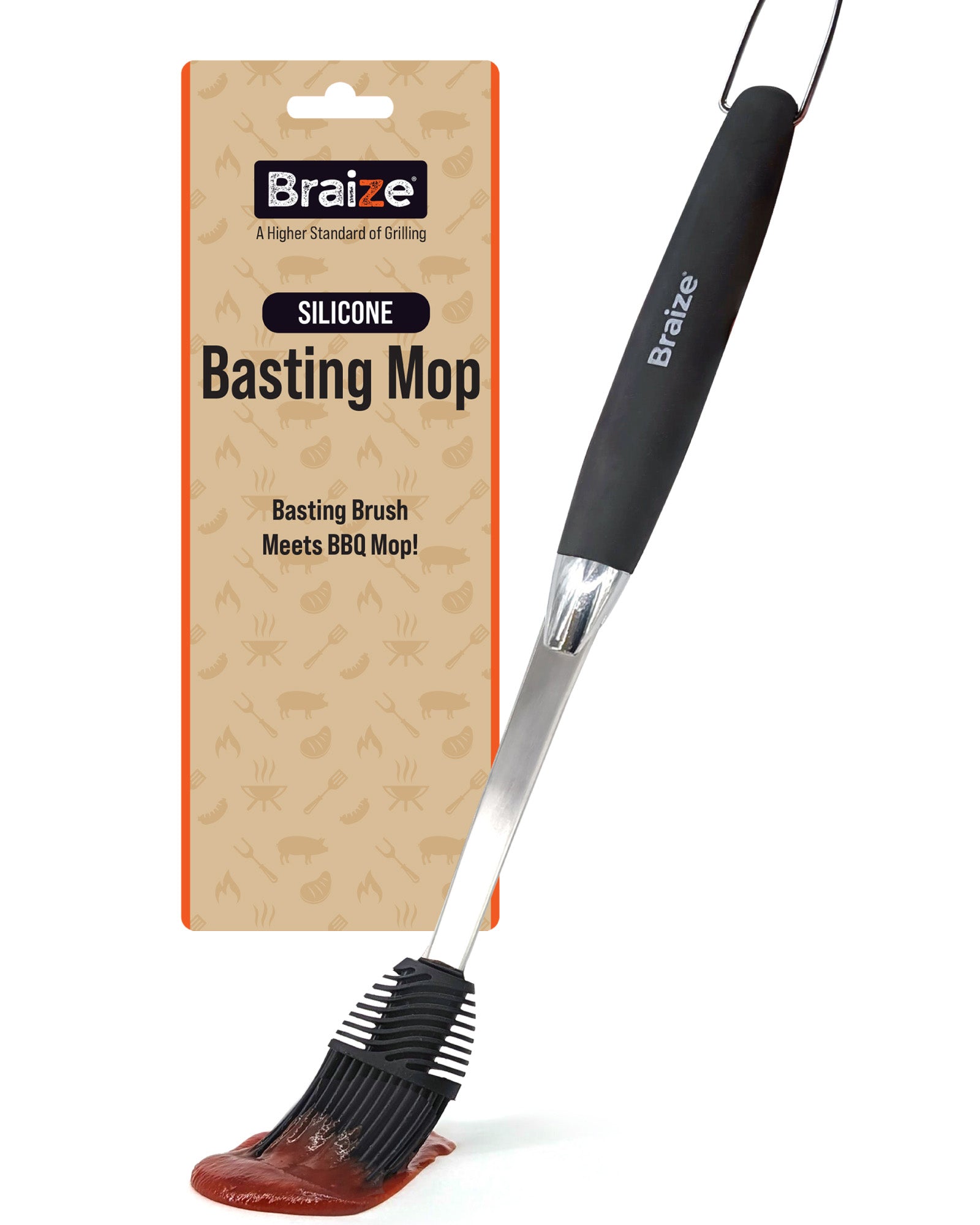 Braize BBQ Basting Mop, Silicone Sauce Mop with Removable Head & Rubber Handle for Grilling, Smoking & Barbecue