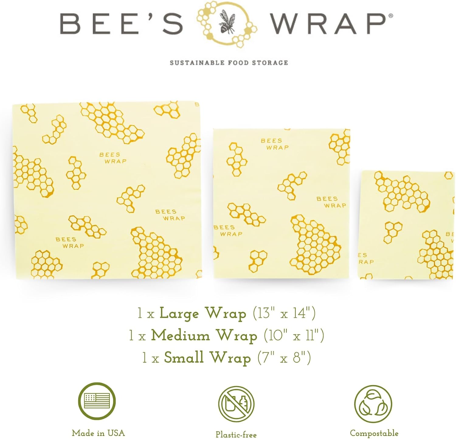 Bee's Wrap Reusable Beeswax Food Wraps, Assorted 3-Pack, Honeycomb