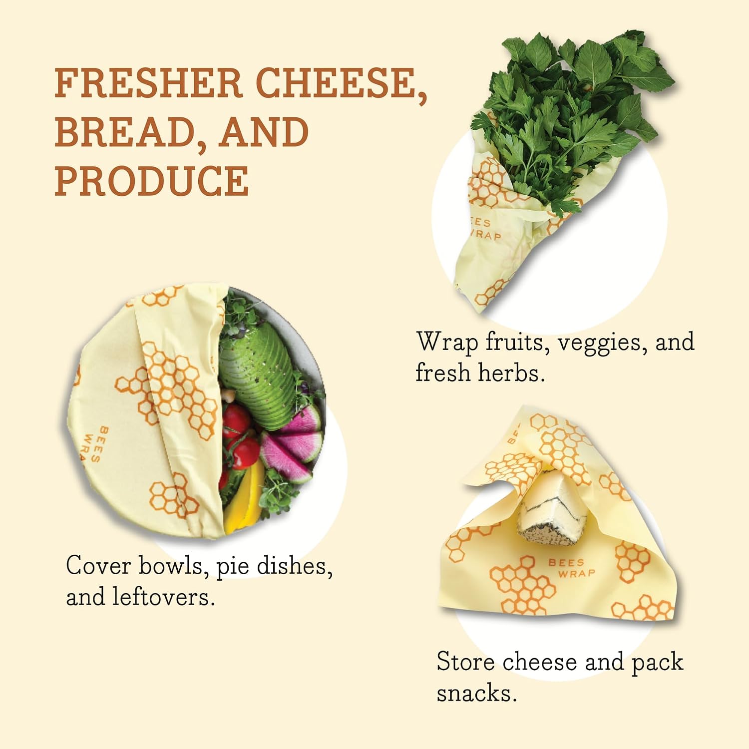 Bee's Wrap Reusable Beeswax Food Wraps, Assorted 3-Pack, Honeycomb