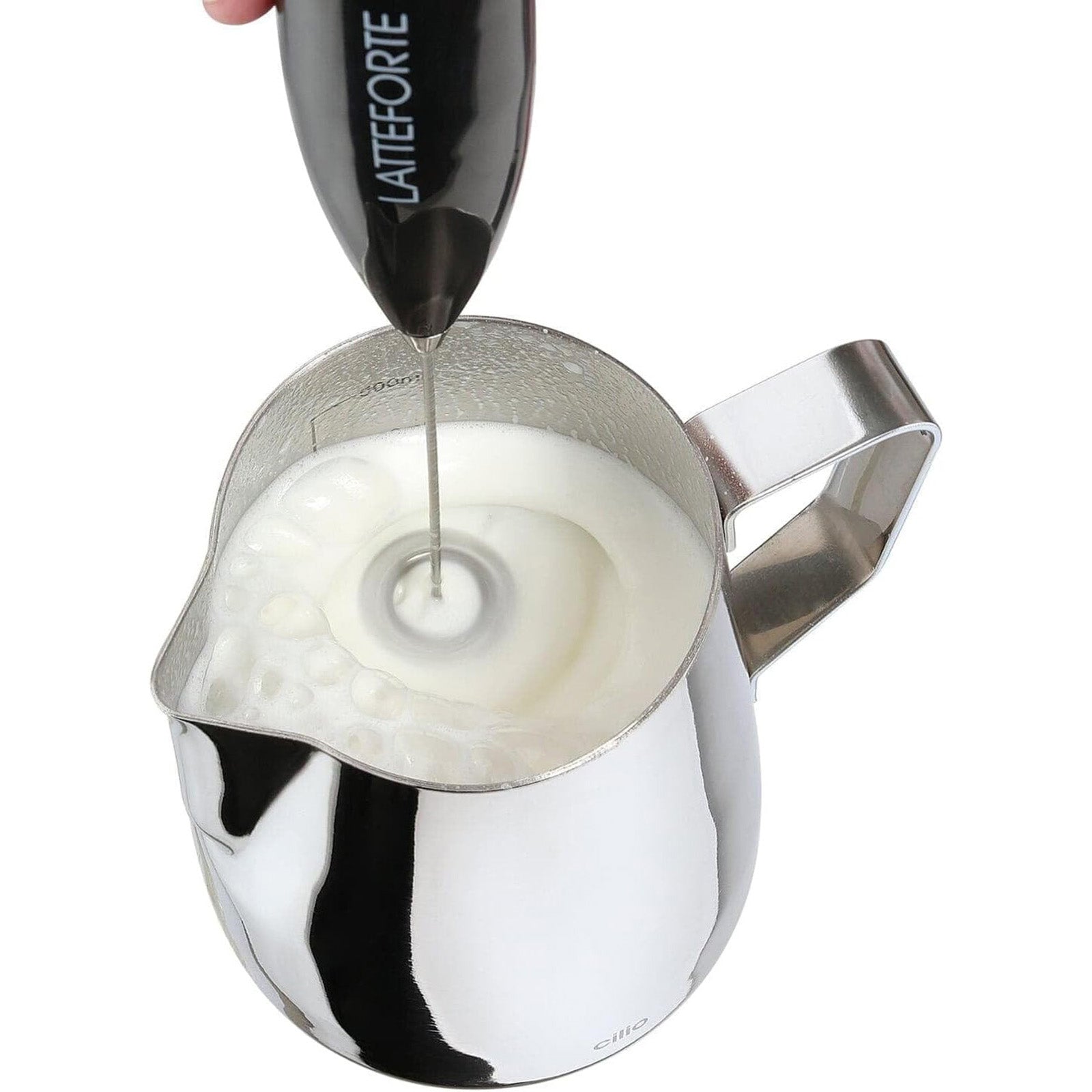 Cilio Latteforte Battery Powered Milk Frother with Stainless Steel Stand, Black Matte