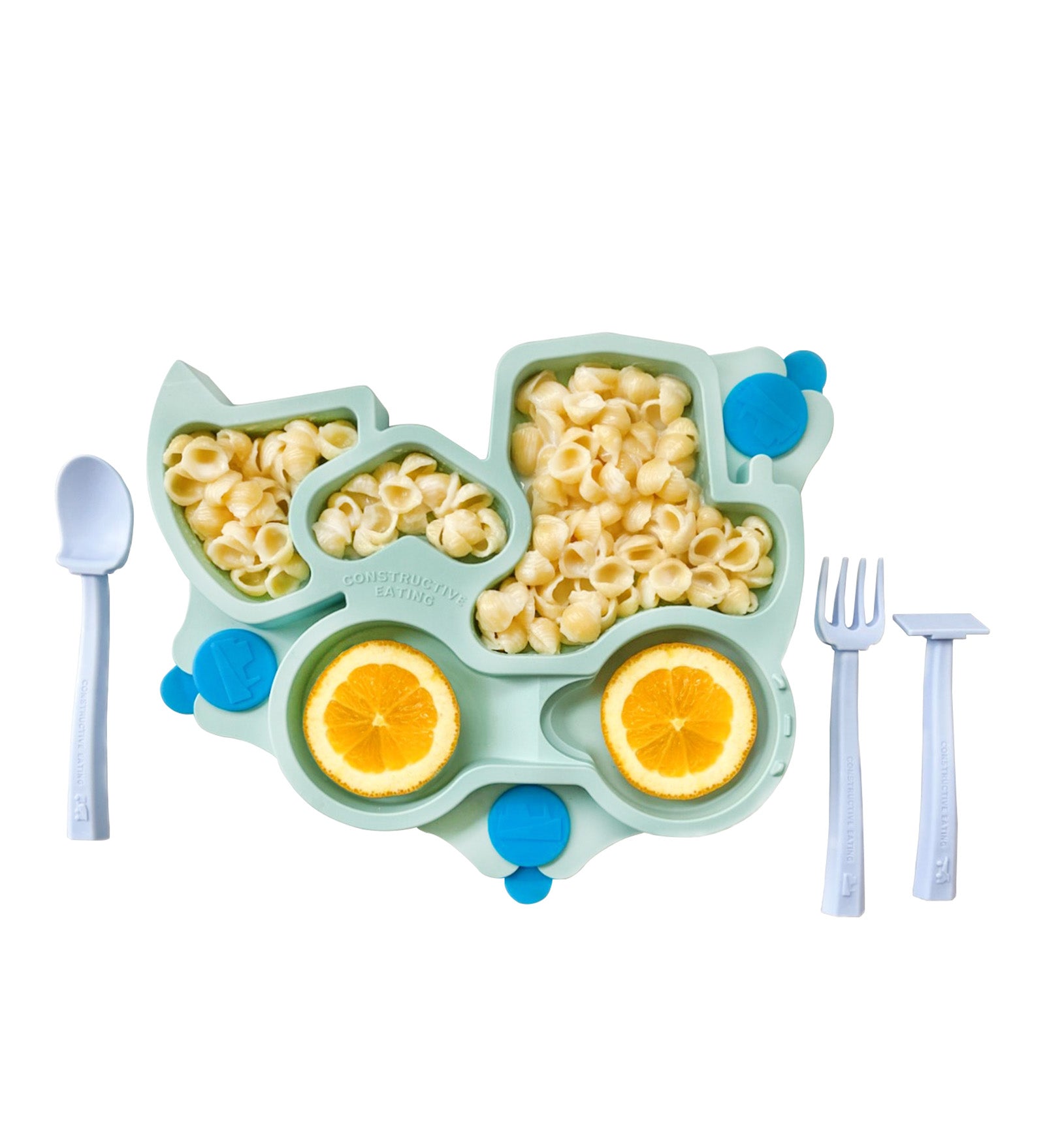 Constructive Eating Truck Theme Divided Suction Training Plate and Utensils for Kids and Toddlers, Teal