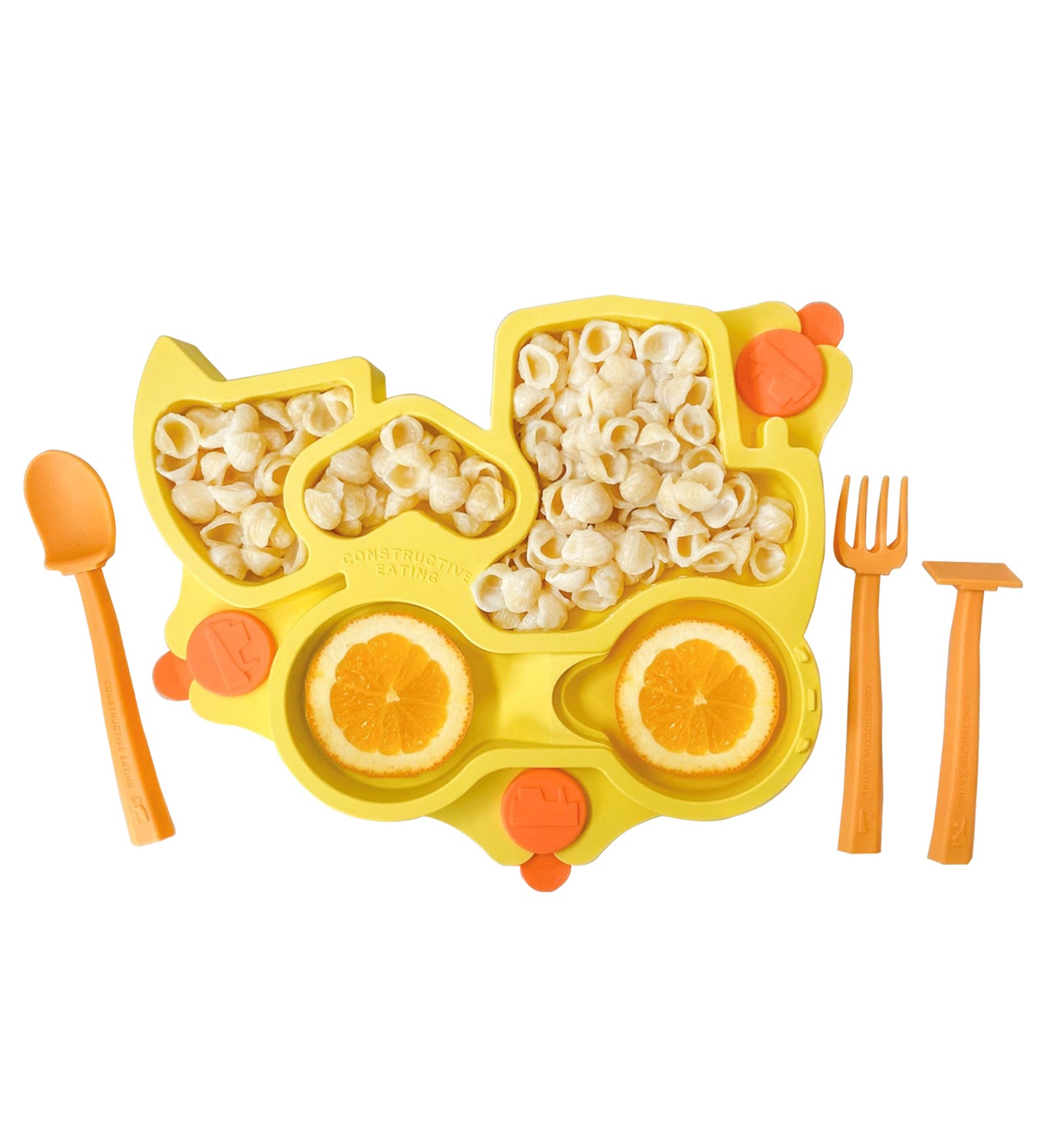 Constructive Eating Truck Theme Divided Suction Training Plate and Utensils for Kids and Toddlers, Yellow