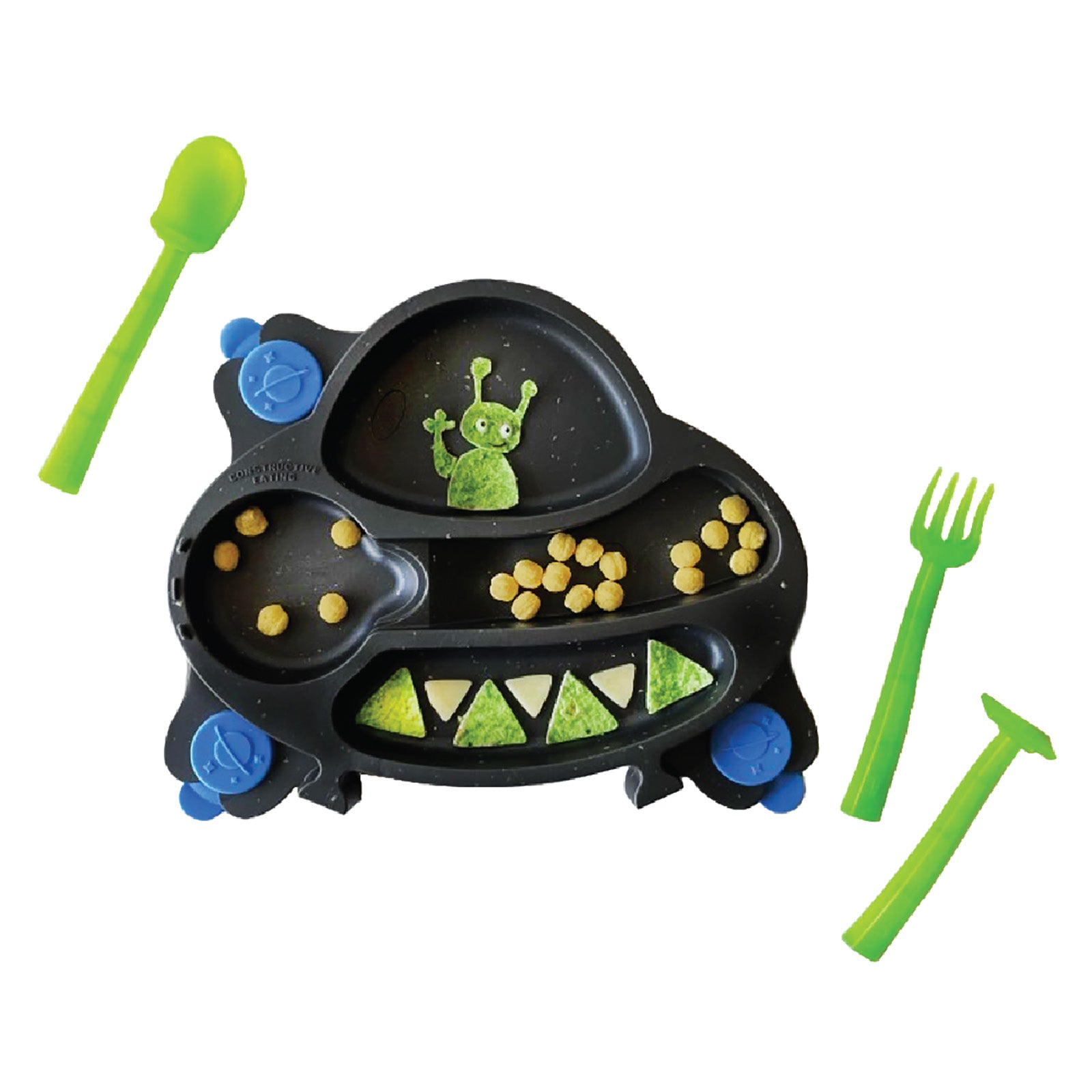 Constructive Eating UFO Theme Divided Suction Training Plate and Utensils for Kids and Toddlers