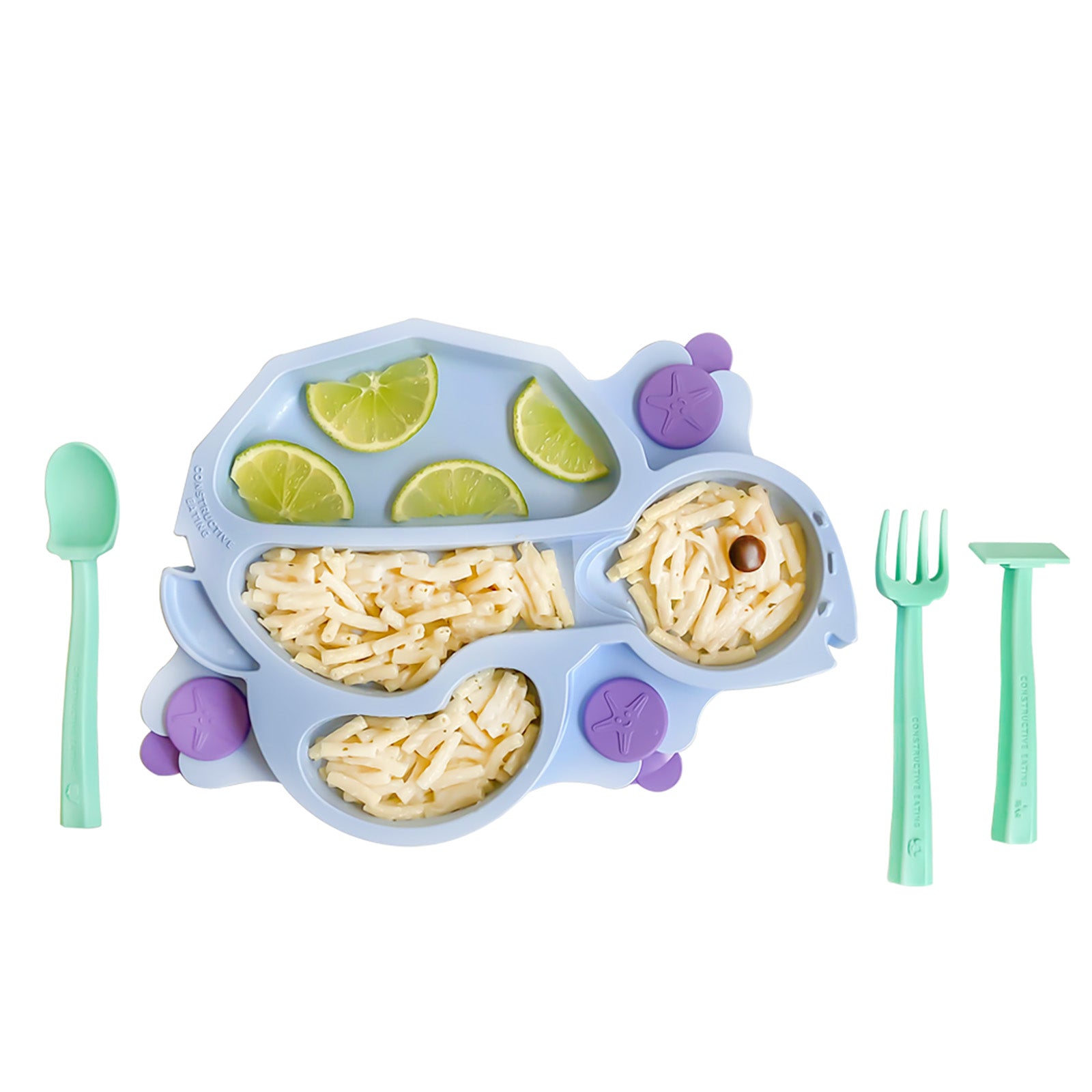 Constructive Eating Turtle Theme Divided Suction Training Plate and Utensils for Kids and Toddlers, Blue