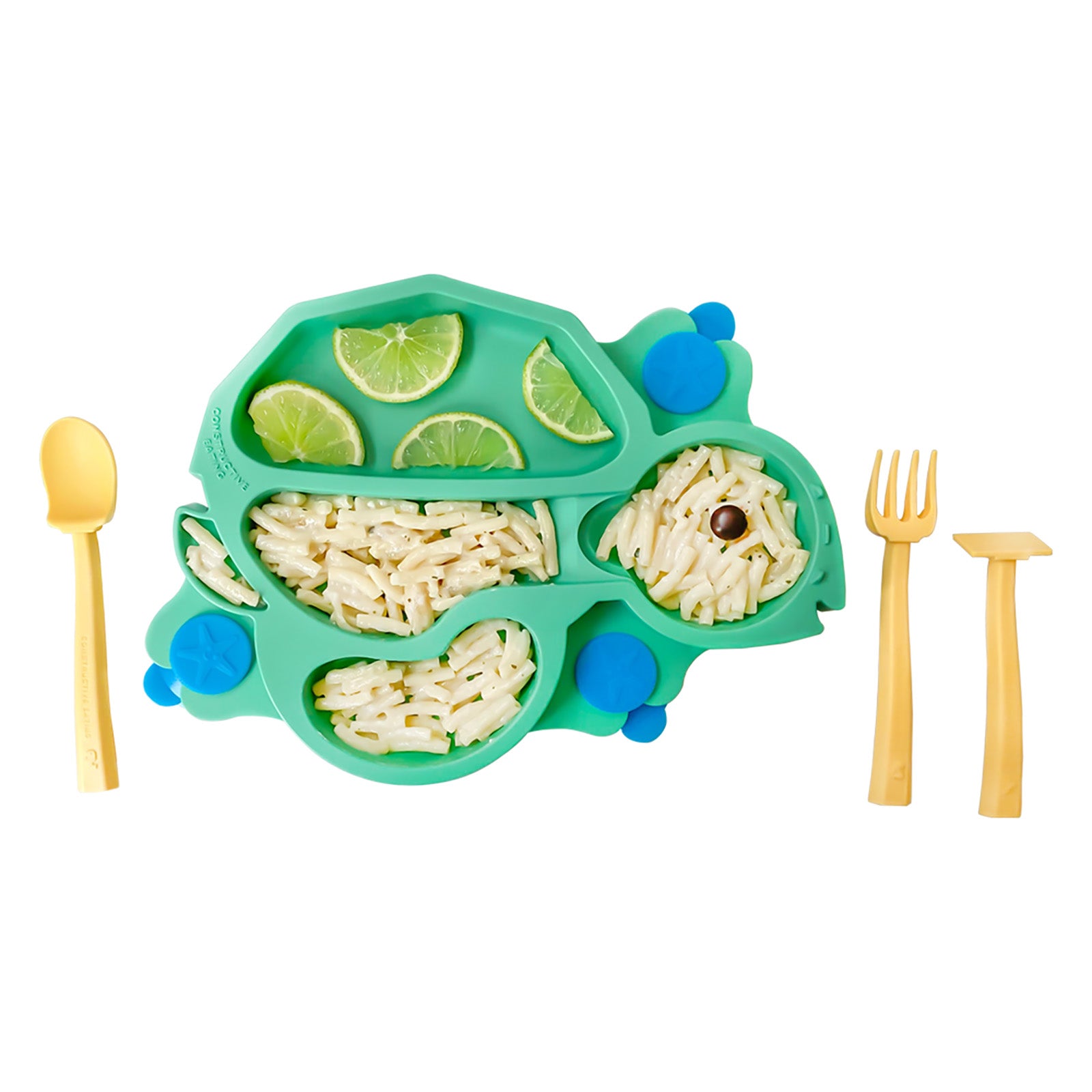 Constructive Eating Turtle Theme Divided Suction Training Plate and Utensils for Kids and Toddlers, Green