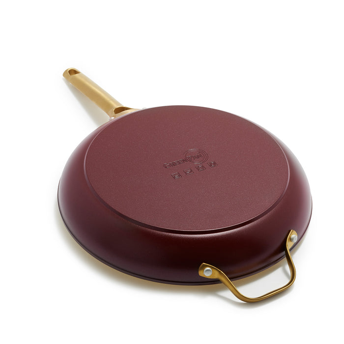 GreenPan Reserve Hard Anodized Healthy Ceramic Nonstick 12" Frying Pan with Helper Handle and Lid, Gold Handle, Dishwasher Safe, Oven Safe, Merlot