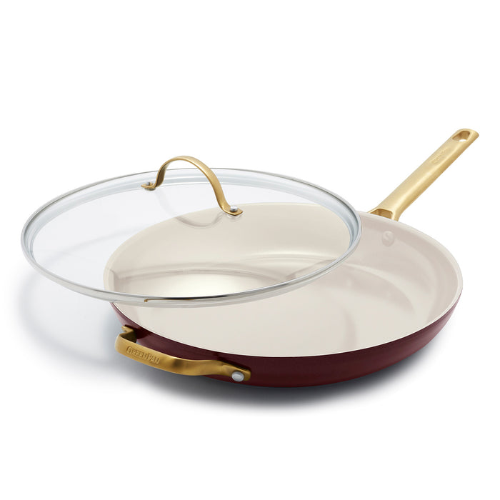 GreenPan Reserve Hard Anodized Healthy Ceramic Nonstick 12" Frying Pan with Helper Handle and Lid, Gold Handle, Dishwasher Safe, Oven Safe, Merlot