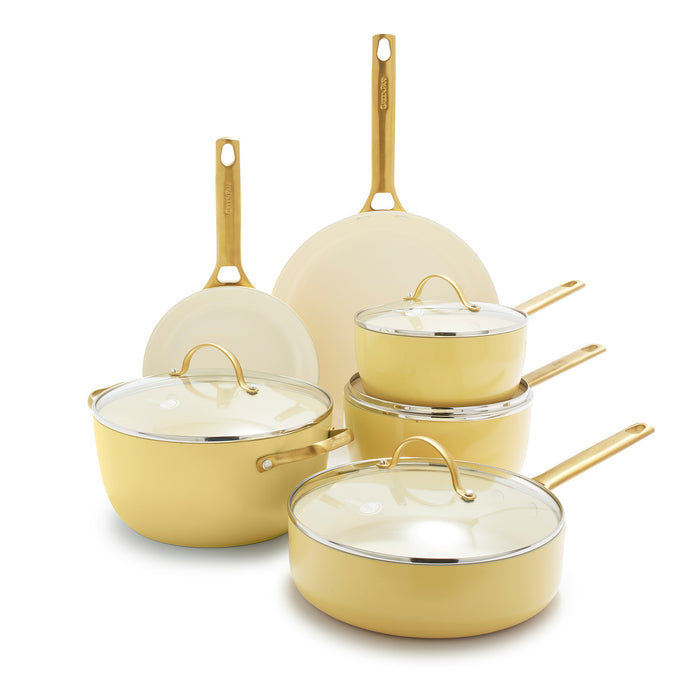 GreenPan Reserve Hard Anodized Healthy Ceramic Nonstick 10 Piece Cookware Set, Gold Handle, Dishwasher Safe