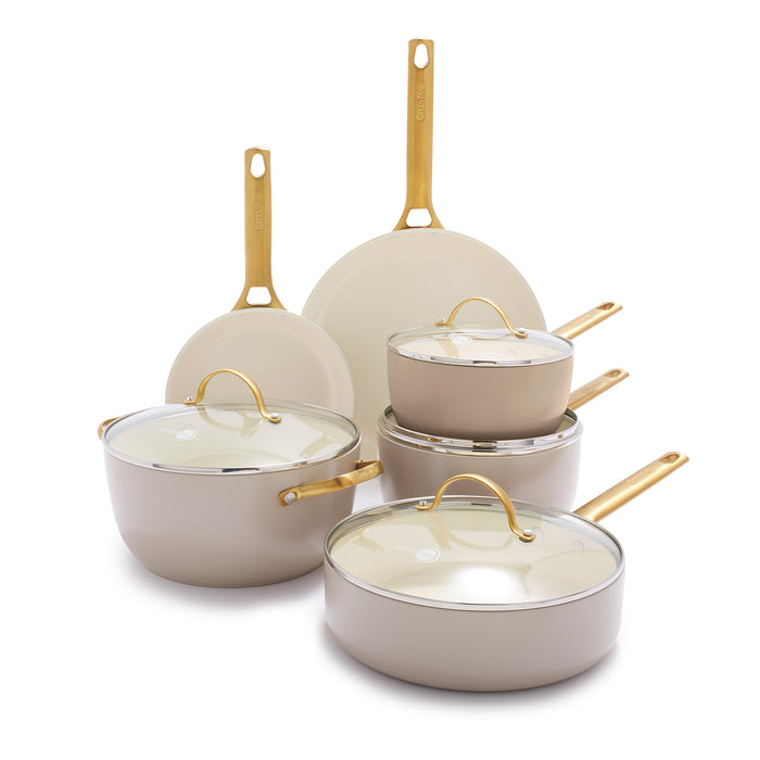GreenPan Reserve Hard Anodized Healthy Ceramic Nonstick 10 Piece Cookware Set, Gold Handle, Dishwasher Safe, Taupe