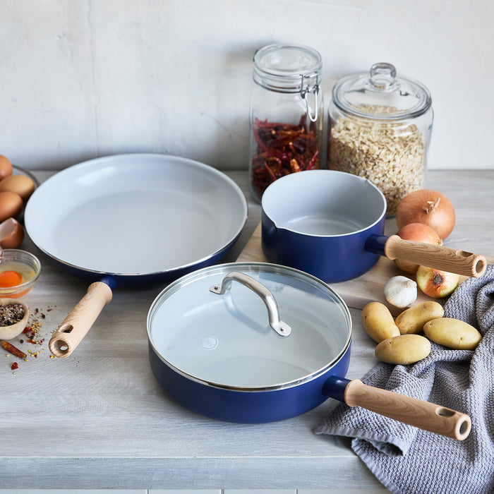GreenPan Mid Century Modern Healthy Ceramic Cookware Set, 12-Inch Fry Pan, 1.6 Qt Saucepan, 2.8 Qt Saute Pan, Navy Blue