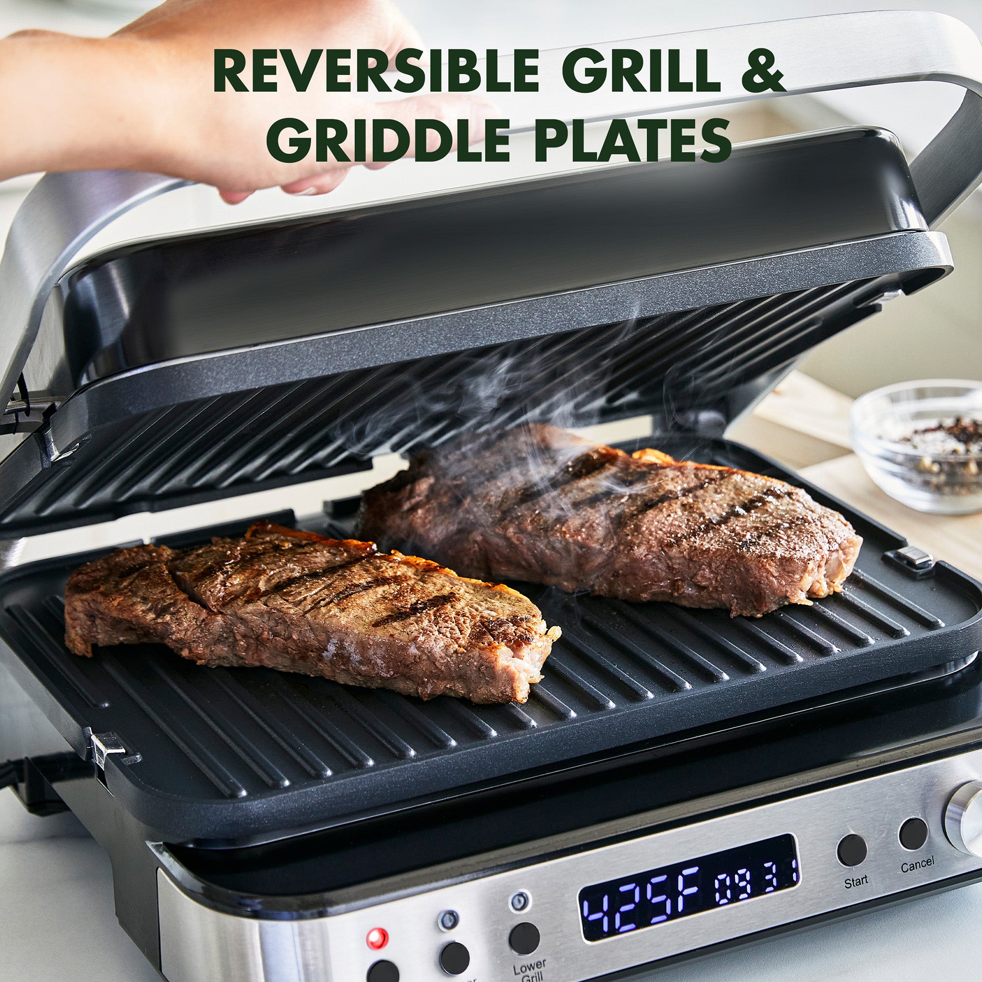 GreenPan Electric Indoor Stainless Steel 6-in-1 Contact Grill and Griddle w/Ceramic Nonstick Plates