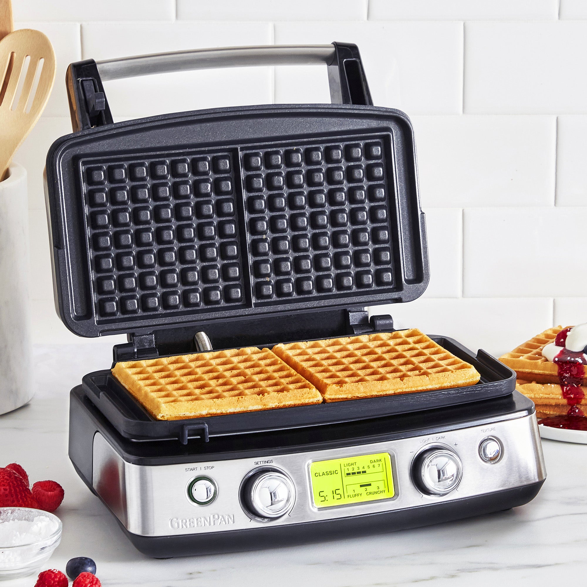 GreenPan Elite 2-Square Belgian Waffle Iron with Ceramic Nonstick Plates, Black