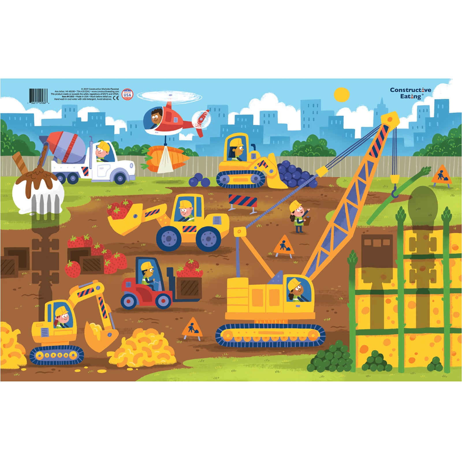 Constructive Eating Construction Utensil, Divided Plate, and Placemat Set for Kids and Toddlers