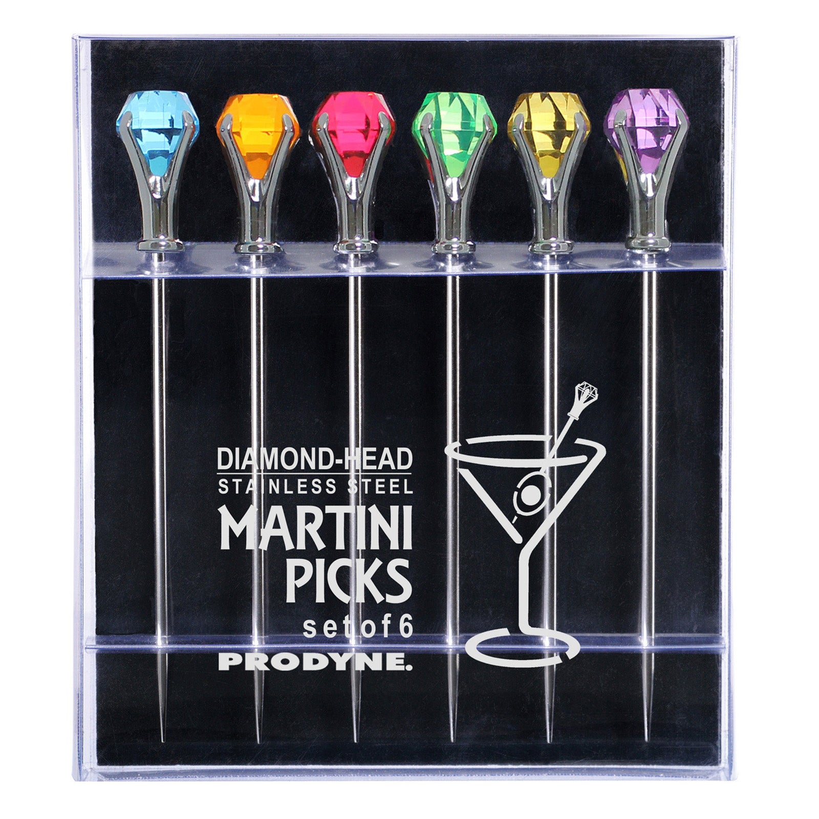 Prodyne Colorful Diamond-Head Martini Picks, Acrylic & Stainless Steel, Set of 6