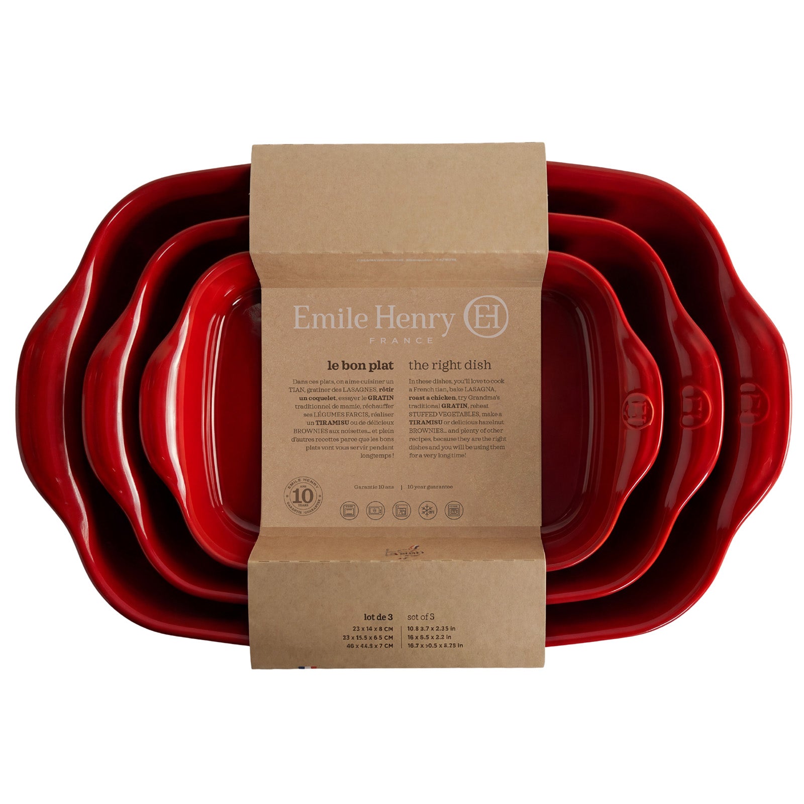 Emile Henry Rectangular Baking Dish, Set of 3, 1.25 qt, 2.4 qt, 3.8 qt, Burgundy