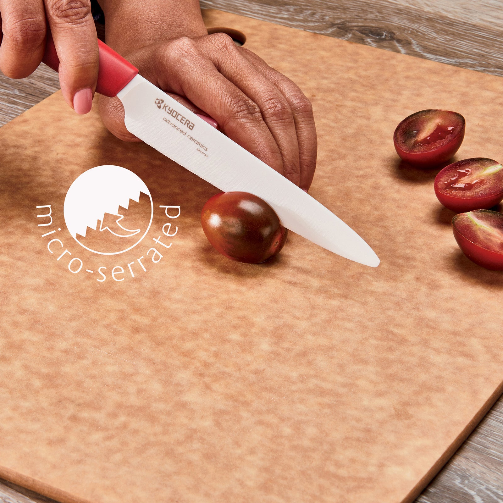 Kyocera Revolution Ceramic 5 Inch Micro Serrated Tomato Knife, Red