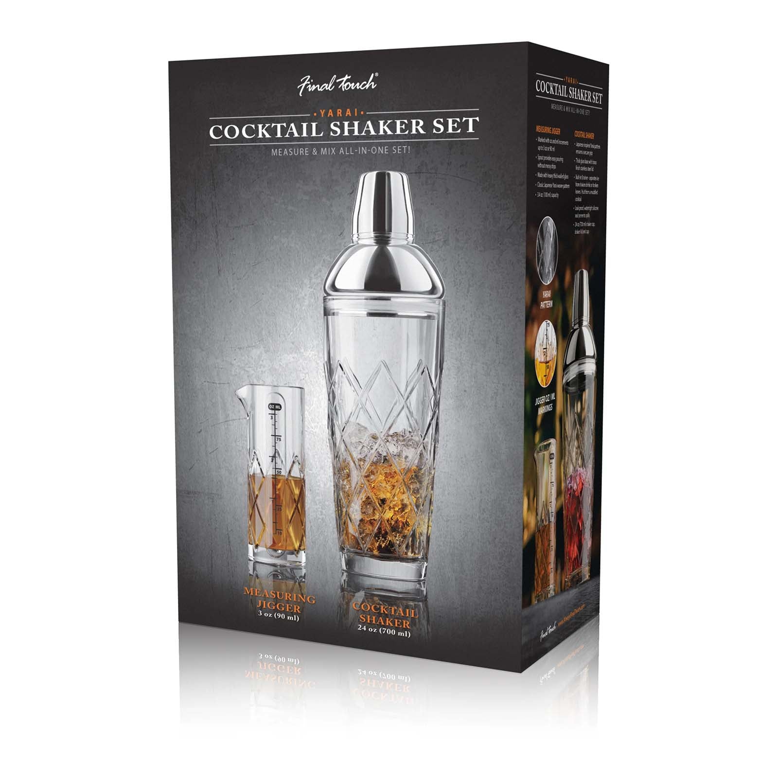 Final Touch Yarai Glass Cocktail Shaker & Jigger Set, Stainless Steel