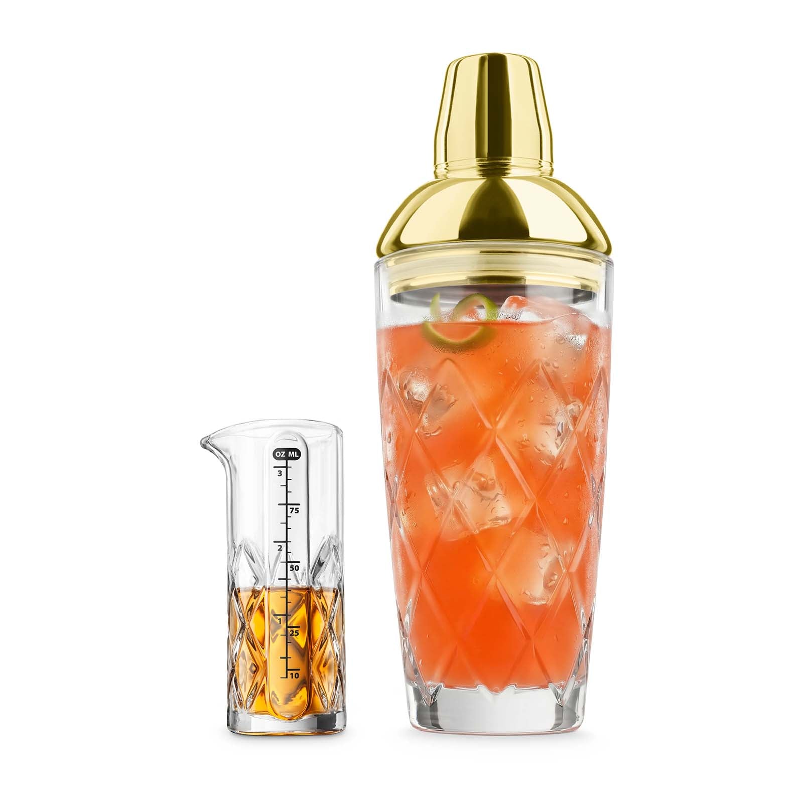 Final Touch Yarai Glass Cocktail Shaker & Jigger Set, Brass
