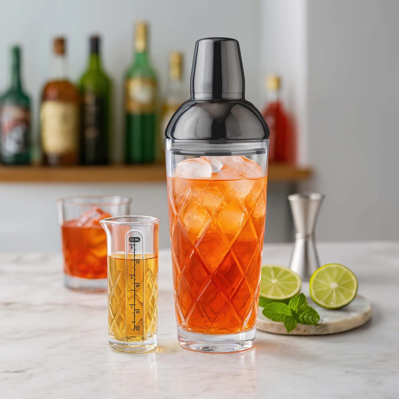Final Touch Yarai Glass Cocktail Shaker & Jigger Set, Black Chrom