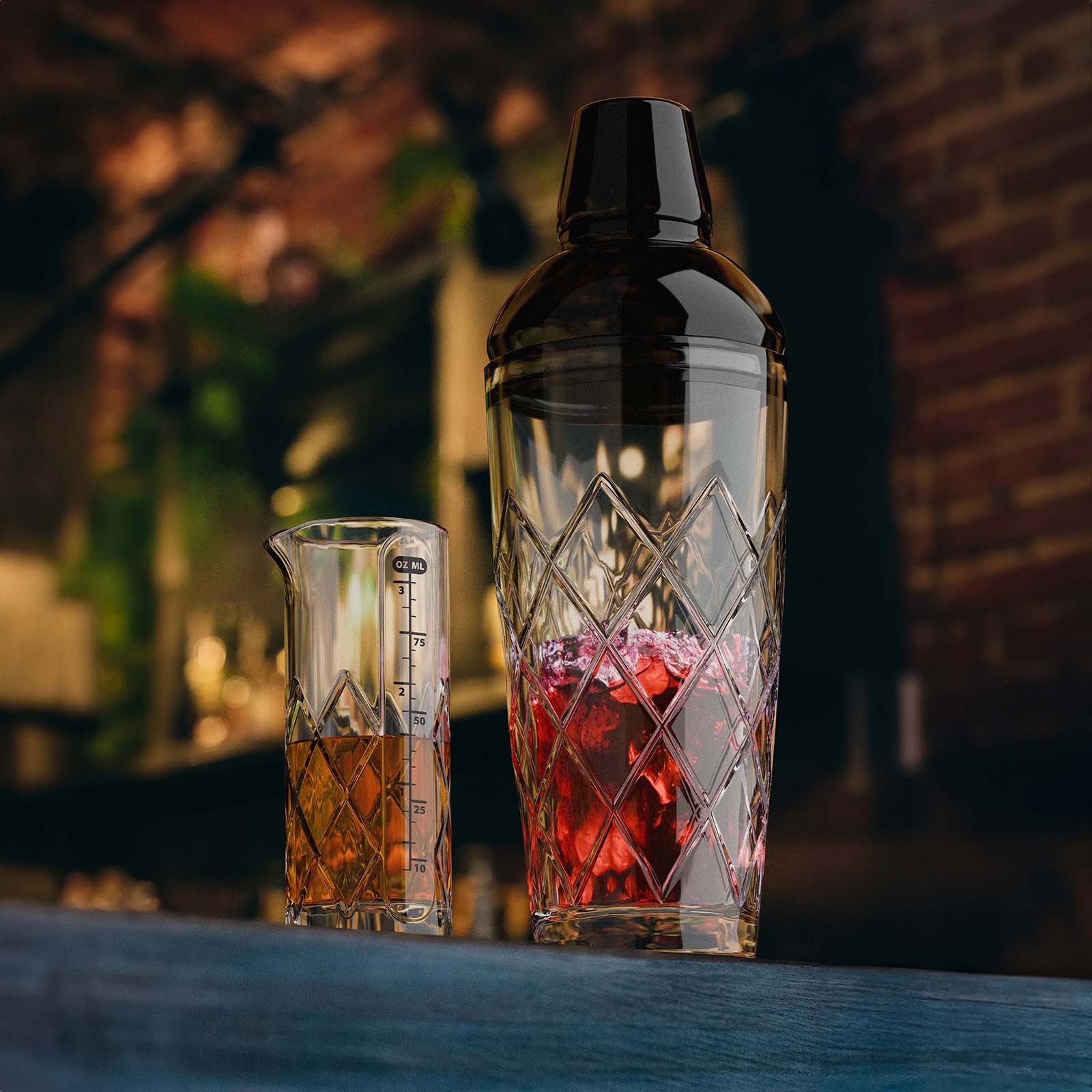 Final Touch Yarai Glass Cocktail Shaker & Jigger Set, Black Chrom