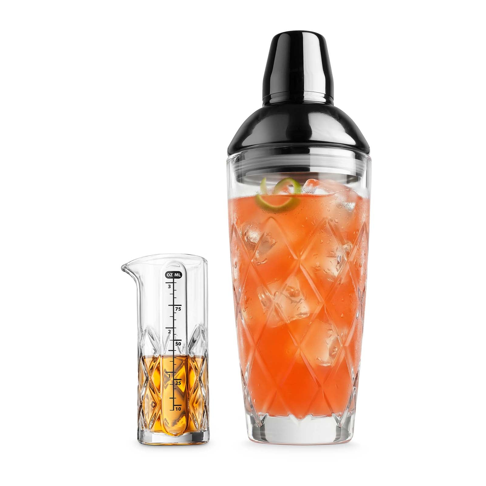 Final Touch Yarai Glass Cocktail Shaker & Jigger Set, Black Chrom