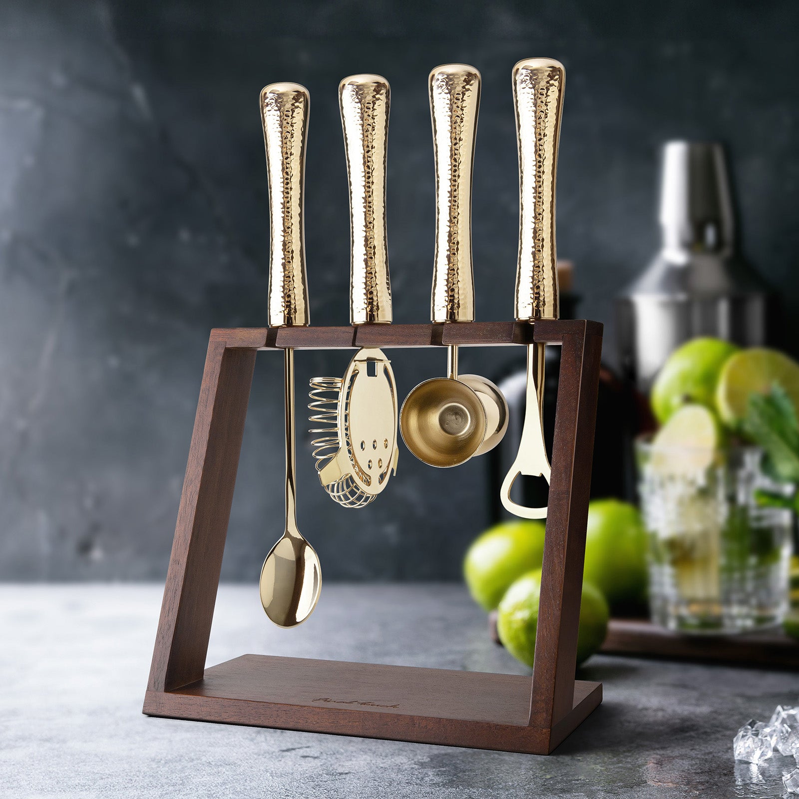 Final Touch 4 Piece Bar Tool Set with Stand - Brass Metal Handles